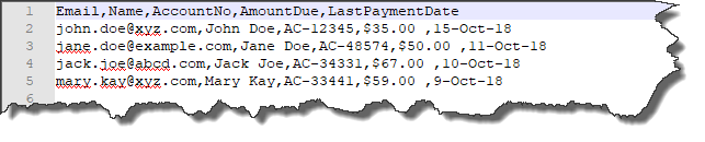 A screenshot showing sample CSV file containing records for mail merge