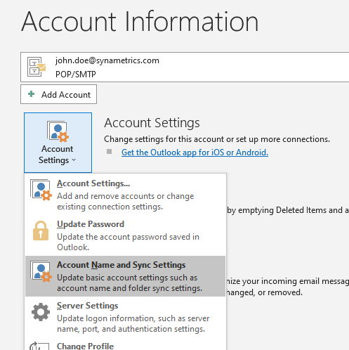 Screenshot displaying POP3 settings for MS Outlook Screenshot - MS Outlook