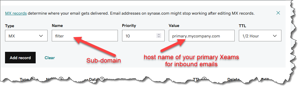 Screenshot for configuring MX record in GoDaddy.